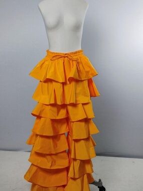 Orange Ruffle Tiered Pants Wide Leg Festival Statement Pants Boho Dramatic Skirt